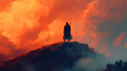 Fototapeta premium warrior or man standing on fantasy hill