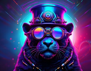 Cyberpunk black panther with huge glasses and futuristic steampunk hat in sci-fi dystopia style, high contrast, hyper realistic, fantasy, bright colors, neon, purple, pink, blue