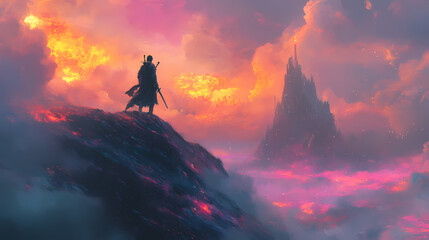 Obraz premium warrior or man standing on fantasy hill