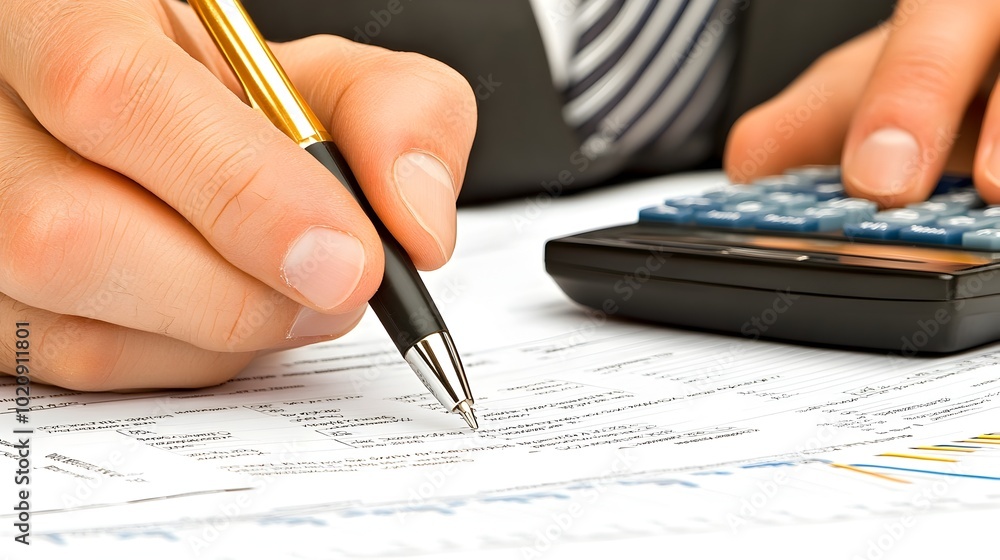 Poster financial consulting with calculator in use for data analysis and business planning