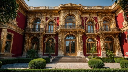 Obraz premium A large and impressive building featuring a striking red and gold facade