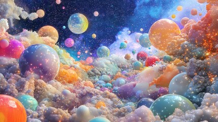 Fototapeta premium A mesmerizing Cosmic Nebula filled with Colorful Spheres and enchanting Celestial Clouds drifting across space