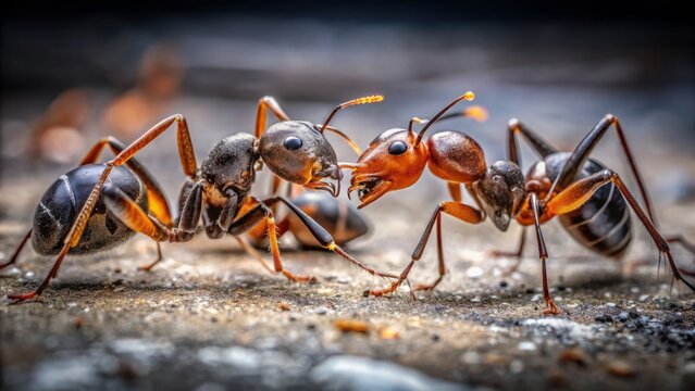High-quality panoramic image depicting a dramatic conflict between three Messor barbarus ants on a concrete floor, highlighting their intricate