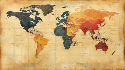 A vintage-style world map illustrating geographical regions.