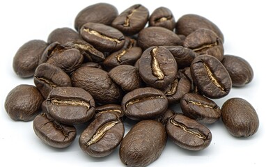 Freshly roasted coffee beans arranged in a random pile showcasing rich color and texture against a white background