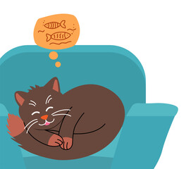 Cute cat is lying on back of chair in warm room. Concept of cozy home. Vector illustration in flat style.