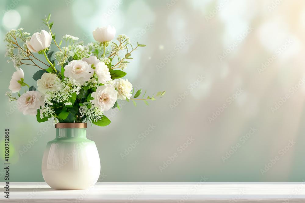 Wall mural Fresh white roses and greenery create a stunning display in a chic ceramic vase, bringing a touch of elegance and serenity to any space with its soft, dreamy backdrop