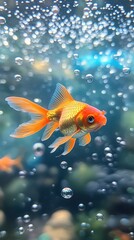 Graceful Orange Goldfish Swimming Underwater Bubbles