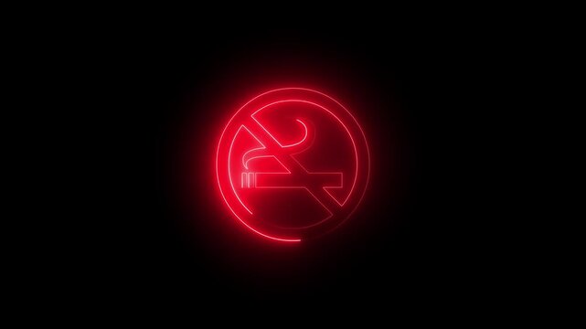 No smoking sign icon warning neon lights. No smoking neon sign animation in a black background No smoking neon sign animation