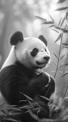 Obraz premium Serene Panda Sitting Among Bamboo in Black and White