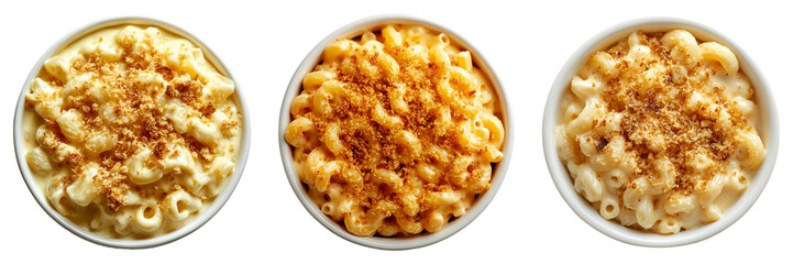 Top view mac and cheese bowl isolated on transparent PNG background perfect for comfort food illustrations or restaurant branding