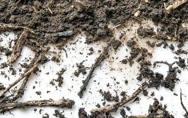Detailed view of rich soil with organic matter and small roots, showcasing earthy textures and natural elements under natural light