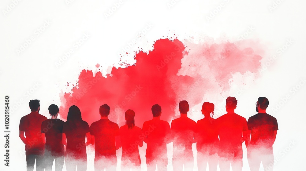 Canvas Prints Silhouettes of People Against a Red Watercolor Background.