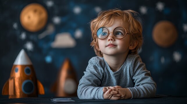 Joyful child with dreams of space exploration sitting in a creative playroom surrounded by rockets