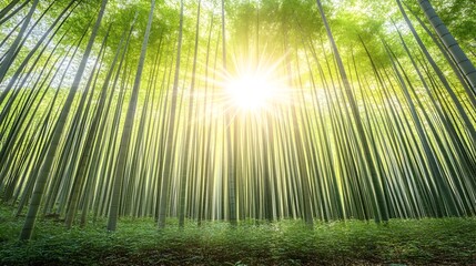 Fototapeta premium Lush Verdant Forest with Radiant Sunbeams Piercing Through Canopy