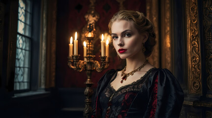 Fototapeta premium Elegant Vampire Woman In Vintage Gothic Fashion With Candlelit Background