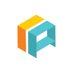 This is a simple flat logo of letter A in uppercase in hexagonal shape in orange yellow and blue color on a white background