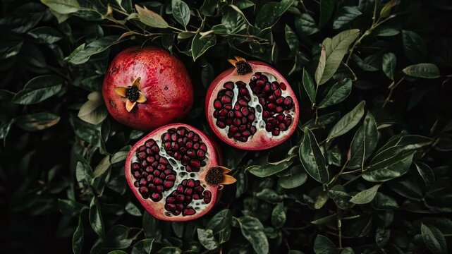 Two pomegranate halves and one whole fruit displayed in a lush greenery. Natural fruit background. Footage for healthy eating promotion, agricultural studies. Aesthetic natural harvest pattern.