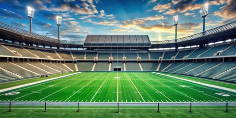 Fototapeta premium Empty football stadium field with no players or spectators , sports, stadium, football, soccer, field, empty, seats, arena, grass
