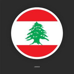 Lebanon circle flag icon with shadow on dark background. Lebanon button icon with white border isolated dark grey background	
