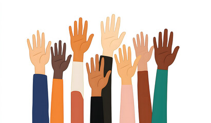 Obraz premium Diverse hands raised in the air, a vector illustration of diverse human skin tones reaching up together on a white background. Conceptual design for a diversity or unity theme.