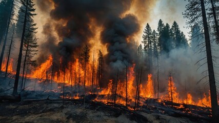 A dramatic scene of forest fires with towering flames, dense smoke, and charred trees, highlighting the destructive power of nature and climate change