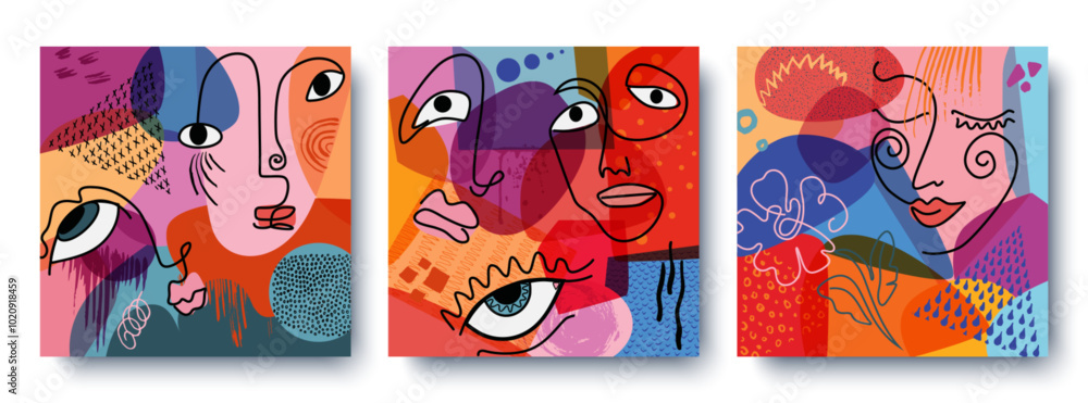 Poster colorful abstract background of faces. vector design of geometric shapes and lines in the cubist sty