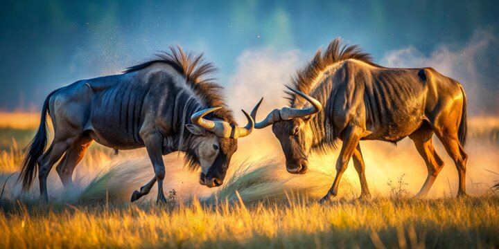 In their natural habitat, wildebeest bulls spar with one another, demonstrating their strength and competitive nature through dynamic wildlife action