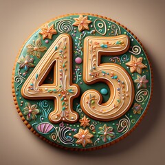 Decorated cookie, number 45, illustration for birthday or anniversary celebration