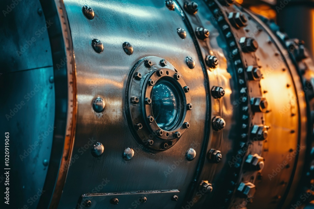 Poster close-up of a large industrial machine with a circular window