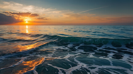 Obraz premium Serene Ocean Sunset With Waves And Foam, Golden Sun Reflecting On The Water, Fading Hues Of Blue, Orange, Pink, Purple And White In The Sky And Lazy Clouds Drifting By.