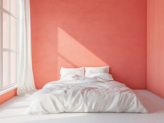 Coral walls in this minimalist bedroom are balanced with white linens and a sleek, low-profile bed
