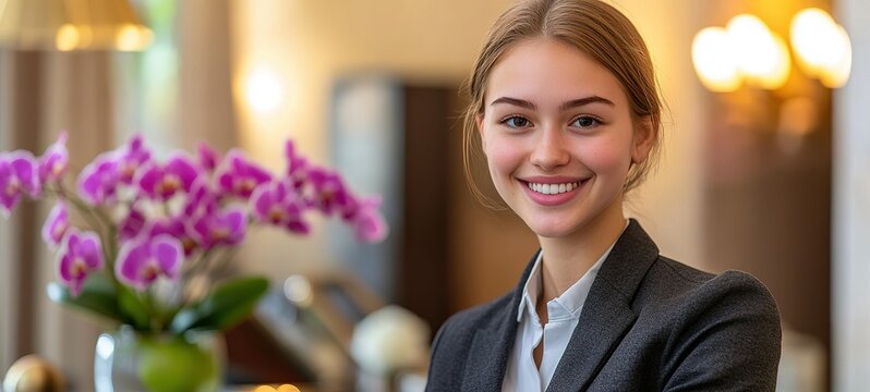 A young female receptionist at an elegant hotel front desk, smiling and welcoming guests.
