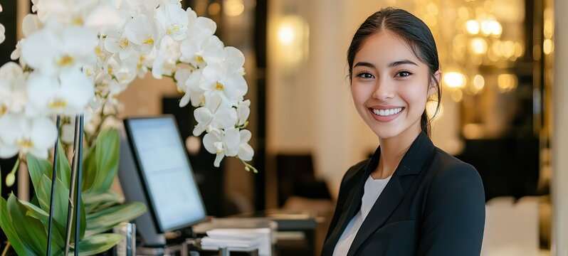 A young female receptionist at an elegant hotel front desk, smiling and welcoming guests.