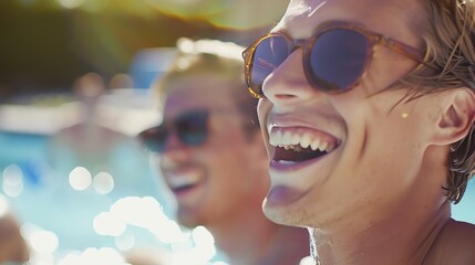 Two friends laughing together at a pool party on a sunny day.