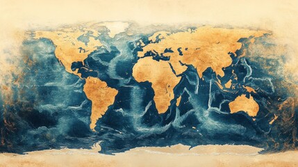 World map illustration with textured colors and ocean waves.