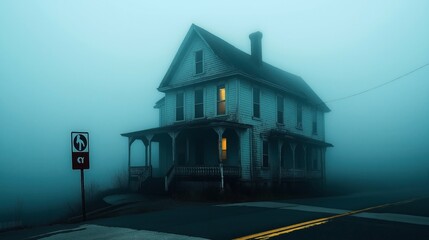 Old wooden house with lit windows on foggy street at night, accompanied by a pedestrians sign, creating an eerie and mysterious atmosphere.