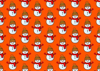 Winter pattern with a snowman on a orange background. Set with a snowman. Snowman in a hat and scarf.