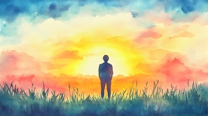 Fototapeta premium Watercolor Sunrise Silhouette of Leader Symbolizing New Beginnings and Leadership