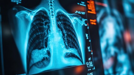 Results screen and x ray of lungs or chest for assessment or analysis for cancer, tuberculosis and asthma. Electromagnetic radiology or radiation for screening or medical images for organs or bones