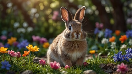 Fototapeta premium Photorealistic Easter Bunny Among Vibrant Spring Flowers