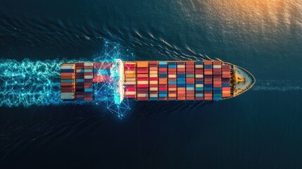 Container ship at sea with digital network links, digital trade network connection concept, global shipping industry