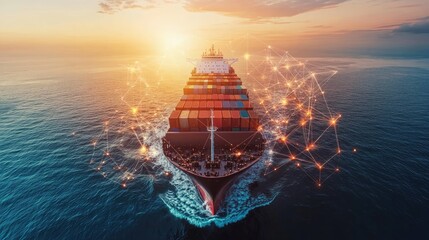 Obraz premium Container ship at sea with digital network links, digital trade network connection concept, global shipping industry