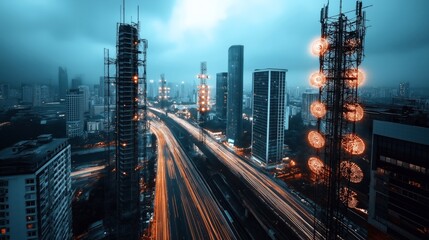 Fototapeta premium Urban skyline with illuminated high-rise buildings and communication towers, showcasing vibrant city lights and blurred traffic trails at night