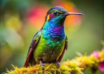 Obraz premium vibrant hummingbird displaying iridescent feathers and striking colors perched on moss. Its unique plumage showcases shades of green, blue, and purple, creating stunning visual