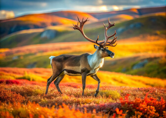 Majestic reindeer roaming through vibrant tundra, surrounded by colorful foliage and stunning landscapes. scene captures beauty of nature and wildlife