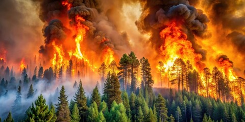 A destructive wildfire spreading through a dense forest , disaster, natural calamity, burning trees, flames
