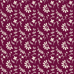 hand drawn white doodle flowers on wine red background seamless pattern