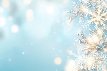 Green Christmas background with defocus lights and blue snowflakes. Abstract background.