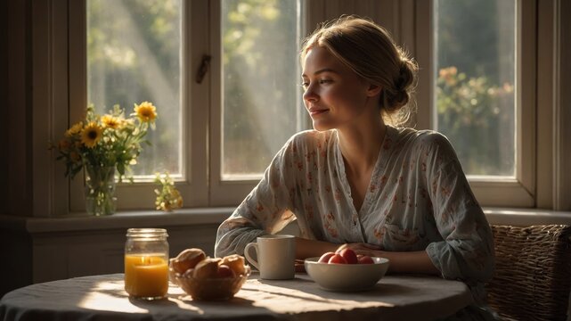 Illustrated woman with a joyful smile, radiating happiness and positivity, in a bright, uplifting scene that reflects her cheerful mood